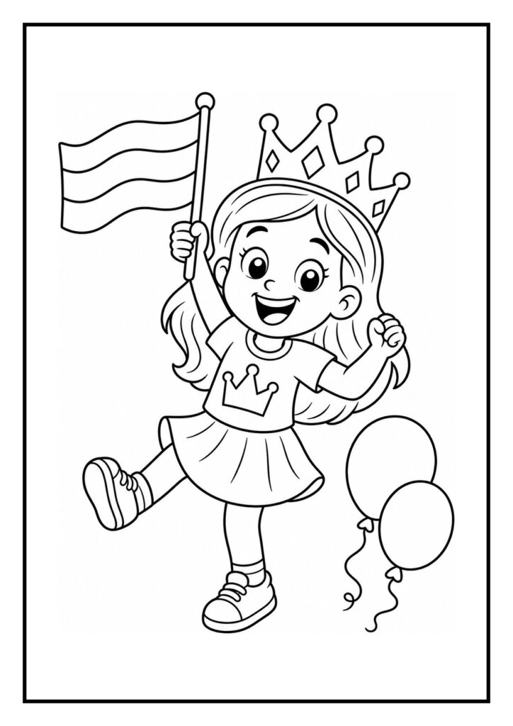 Vrolijke kleurplaat van een meisje met een kroon, die een vlag vasthoudt en twee ballonnen naast haar heeft.