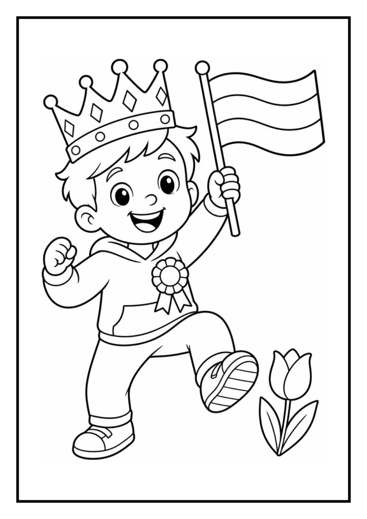 Vrolijke kleurplaat van een jongetje met een kroon die een vlag vasthoudt en een lint op zijn trui draagt bij een kraampje met snoep en spullen