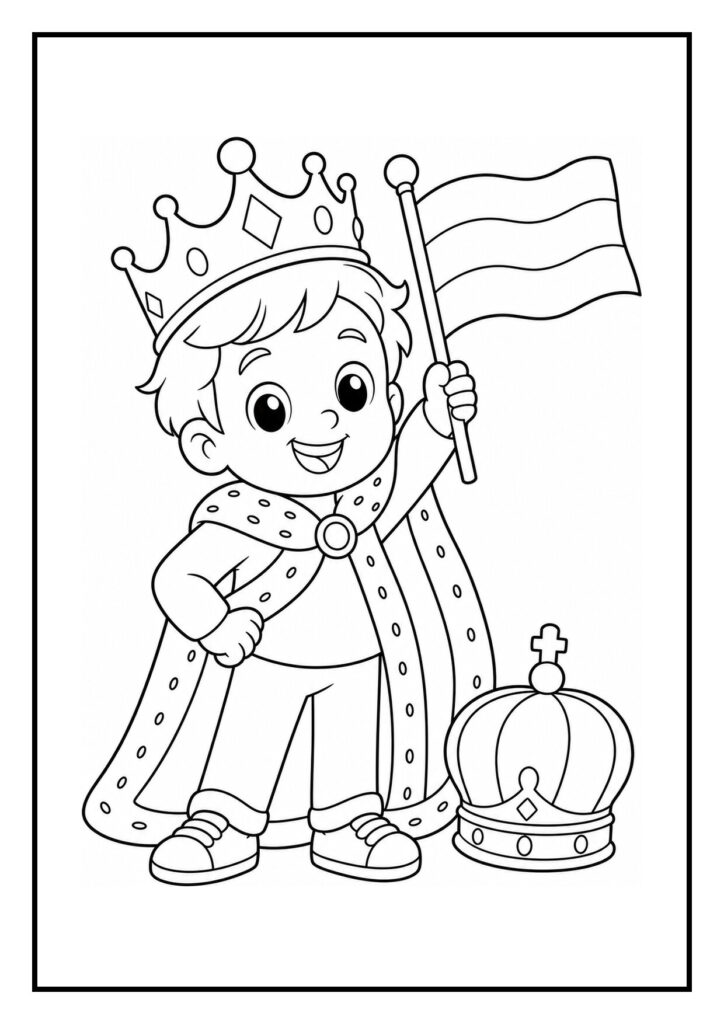 Kleurplaat van een vrolijk jongetje verkleed als koning met kroon, mantel en vlag, omringd door ballonnen boven een plein.