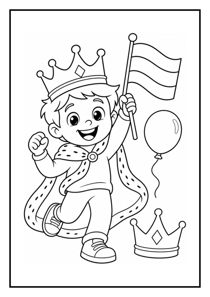 Leuke kleurplaat van een gelukkig jongetje met een kroon en een feestelijke vlag op Koningsdag.