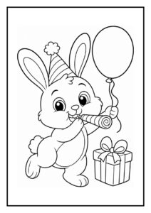 Kleurplaat van een vrolijk konijn met een feesthoed, een ballon en een cadeau tijdens het uitblazen van een verjaardagskaarsje