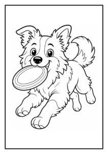 Kleurplaat van een border collie die springt naar een frisbee in de lucht
