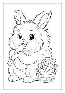 Kleurplaat van een angora konijn dat geborsteld wordt tot een pluizige wolk met een wortel en mand vol wortels ernaast