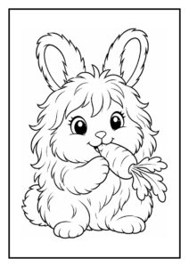 Schattige kleurplaat van een angora konijn dat uit een mand vol wol springt, geschikt voor jonge kinderen.