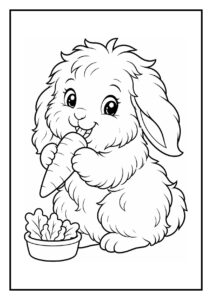 Kleurplaat van een schattig Angora konijn dat vrolijk een wortel eet in een bloemenhoek.