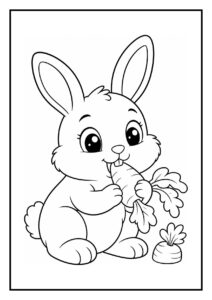 Kleurplaat van een schattig dwergkonijn dat een wortel eet en een mini-paardje van bladeren bouwt