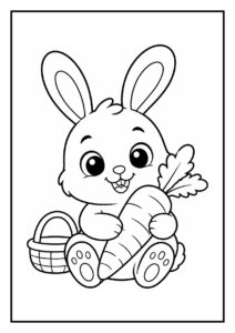 Kleurplaat van een schattig konijn dat een wortel vasthoudt naast een paasmandje met een vrolijke uitstraling