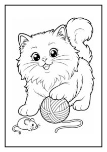 Kleurplaat van een vrolijke kat die speelt met een bol wol en een klein muisje ernaast