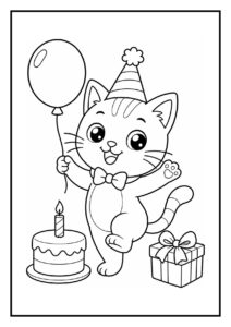 Kleurplaat van een feestelijke kat met feestmuts die een ballon vasthoudt naast een verjaardagstaart en cadeau