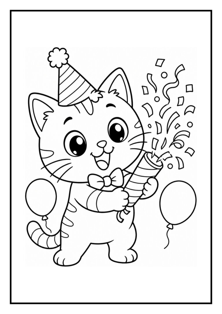 Kleurplaat van een vrolijke kat met een feesthoedje die confetti knalt en twee ballonnen vasthoudt