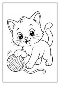 Kleurplaat van een vrolijk katje dat speels door een geheim tunnelgat kruipt met een bol wol in de buurt.