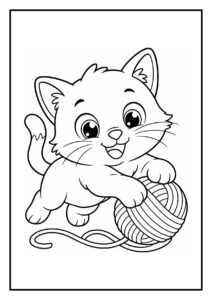 Kleurplaat van een vrolijke speelse kitten die een schatkist ontdekt in het bos
