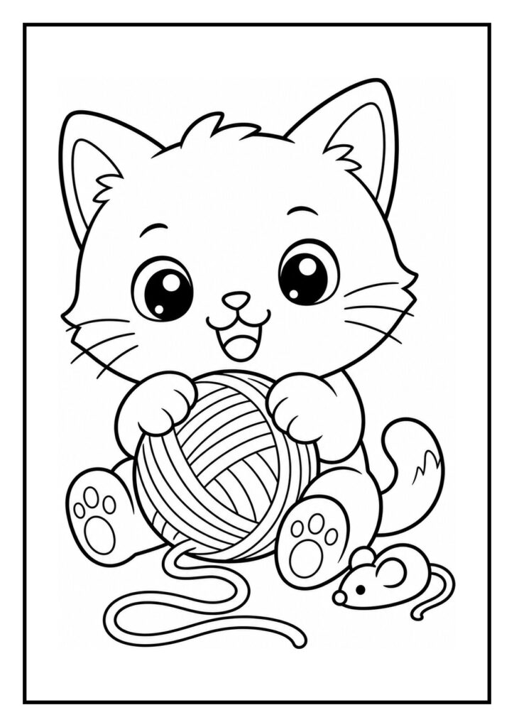 Schattige kat die uit een kartonnen doos kijkt en speelt met een bol wol en een muisje ernaast
