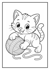 Schattige kleurplaat van een vrolijke kat die speelt met een speelmuis en een bol wol