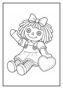Kleurplaat van een schattige pop met een strik en een hart in haar hand, kijkend naar een vlinder, geschikt voor jonge kinderen.