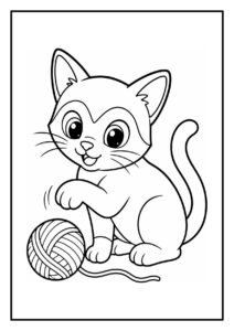 Kleurplaat van een speelse Siamees kat die speelt met een bol wol