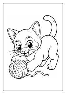 Kleurplaat van een schattige Siamees kat die speels in een mand duikt met een bol wol ernaast