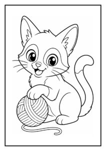 Kleurplaat van een schattige Siamees kat die speelt met een bol wol onder een lage tafel, geschikt voor jonge kinderen.