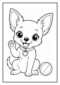 Kleurplaat van een chihuahua die moe op zijn kussen ligt na het spelen