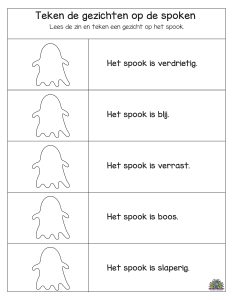 Halloween werkblad: lees de zin en teken een gezicht op het spook, zoals blij, boos, verdrietig, verrast of slaperig