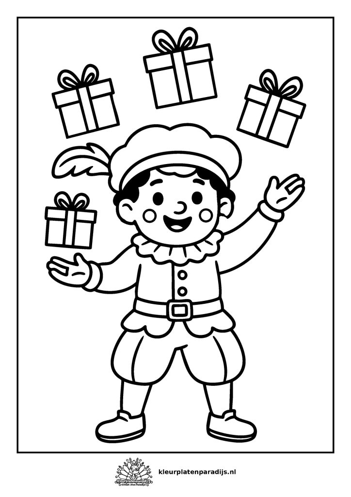Gratis kleurplaat van een Pietenkind dat cadeautjes gooit om in te kleuren
