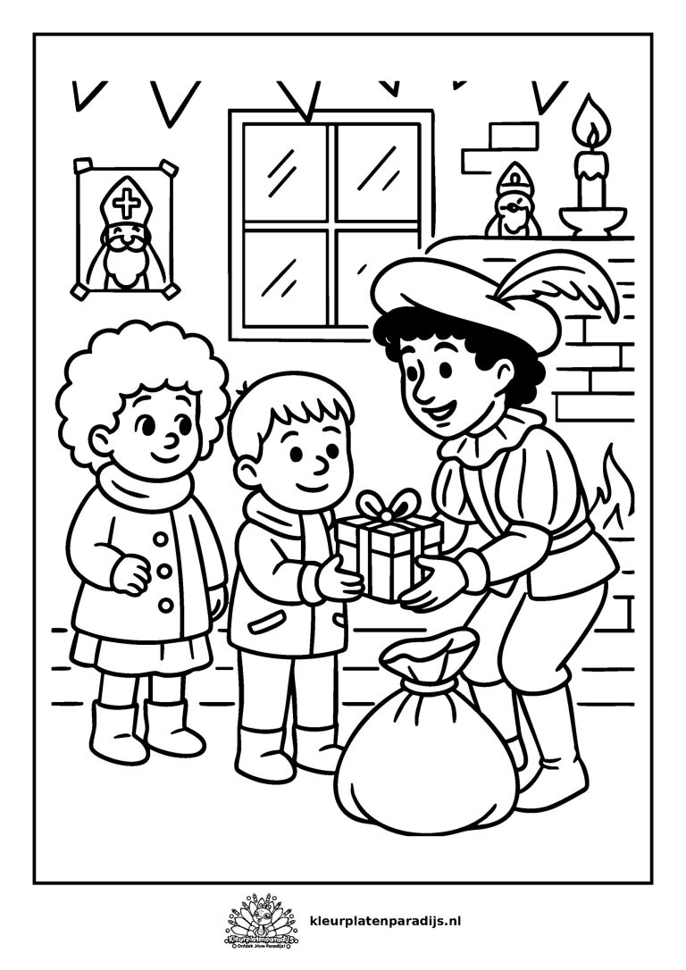 Kleurplaat van Piet die cadeautjes uitdeelt aan twee kinderen bij de open haard, met Sinterklaasversiering in de kamer.
