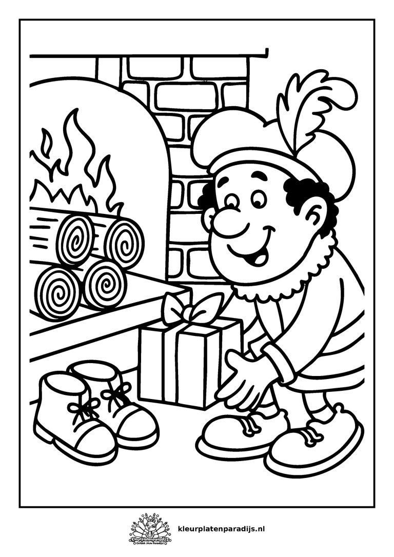 Kleurplaat van een vrolijke Piet die een cadeautje in een schoen legt bij de open haard.