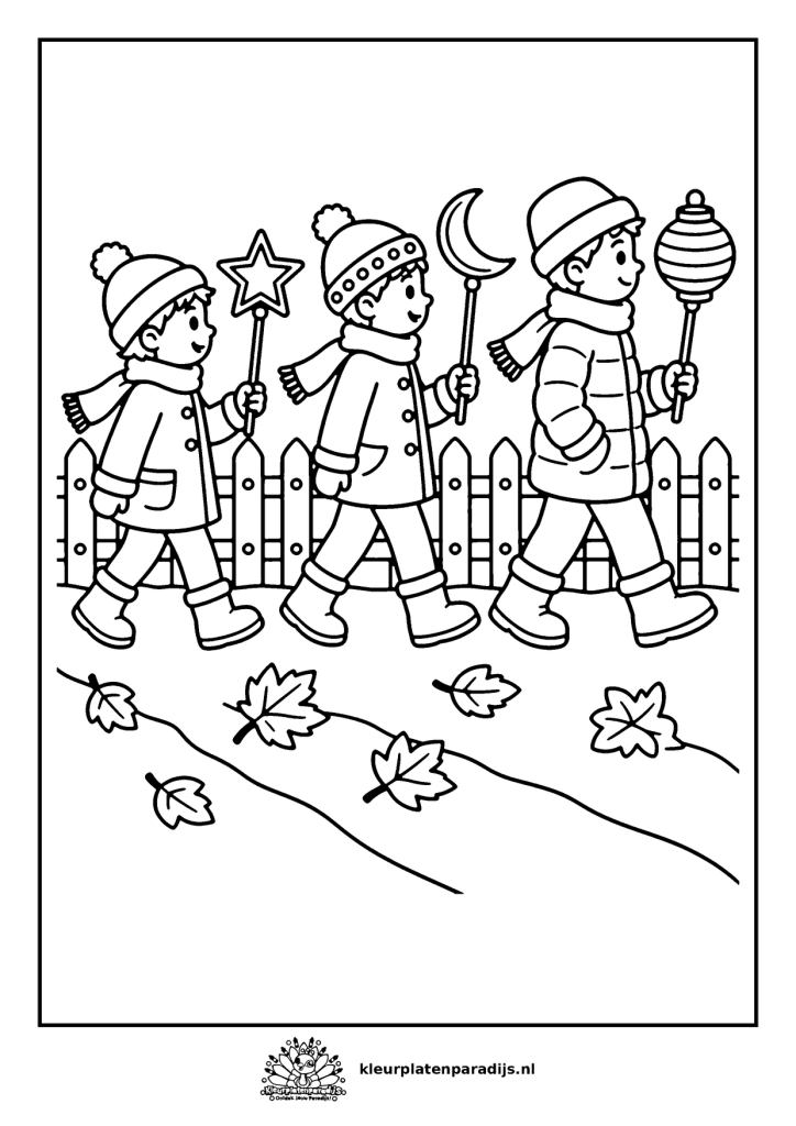 Kleurplaat van drie kinderen in winterjas die met een ster-, maan- en ronde lampion langs een hek lopen