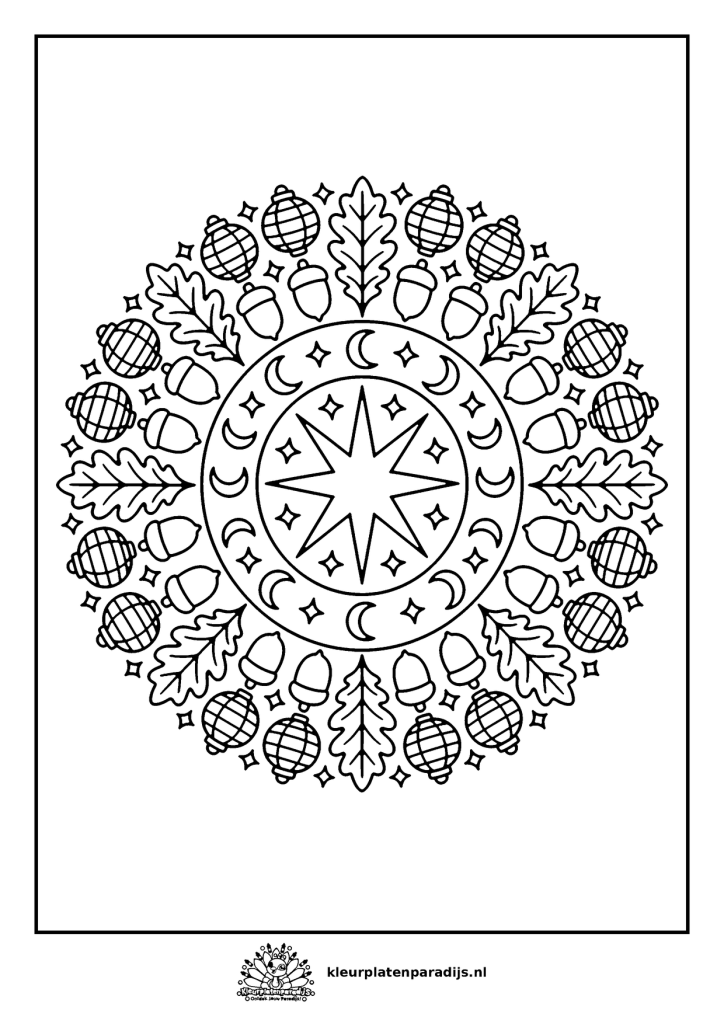 Kleurplaat van een ronde mandala met lampions, eikenbladeren, eikels, maantjes en sterren rond een ster