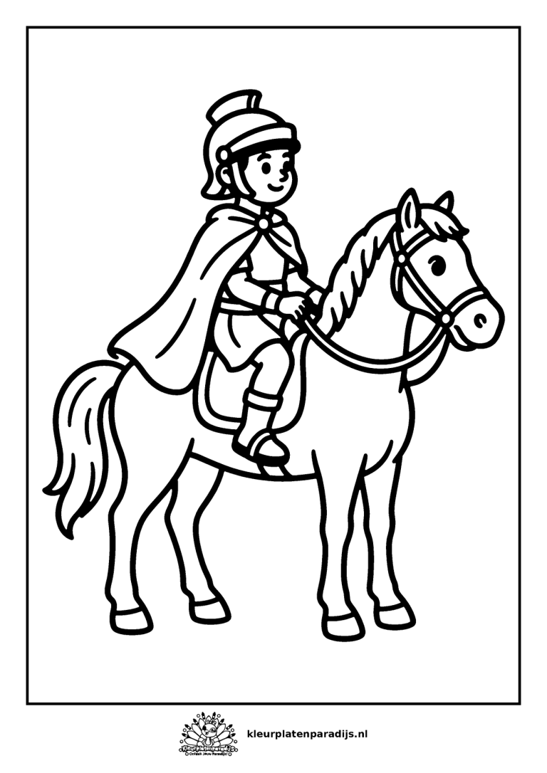Kleurplaat van Sint-Maarten met helm en wijde mantel op zijn paard