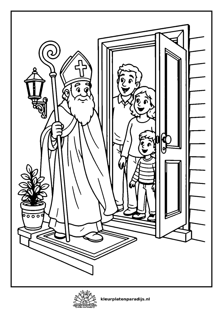 Kleurplaat van Sinterklaas met staf voor de voordeur, waar een blij gezin hem verwelkomt