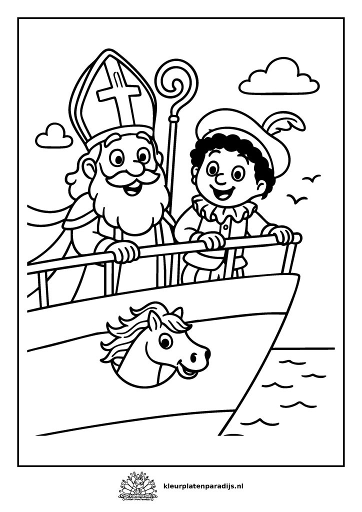 Kleurplaat van Sinterklaas en Piet die vrolijk op de stoomboot staan terwijl ze naar Nederland varen.