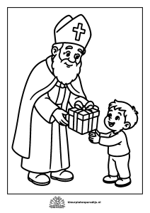 Kleurplaat van Sinterklaas die zich voorover buigt en een cadeautje geeft aan een blij kind