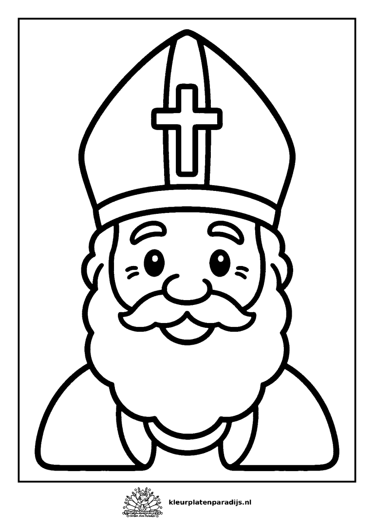 Kleurplaat van het vriendelijke hoofd van Sinterklaas met grote baard en mijter met kruis