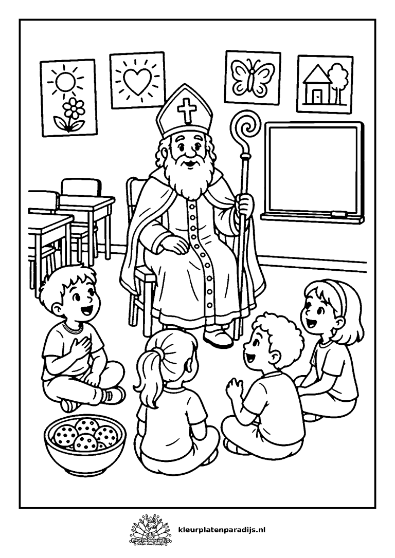 Kleurplaat van Sinterklaas op een stoel in de klas met zingende kinderen, een bord en pepernoten