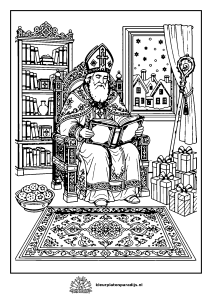 Gedetailleerde kleurplaat van Sinterklaas die in het grote boek leest in een kamer met pakjes en pepernoten
