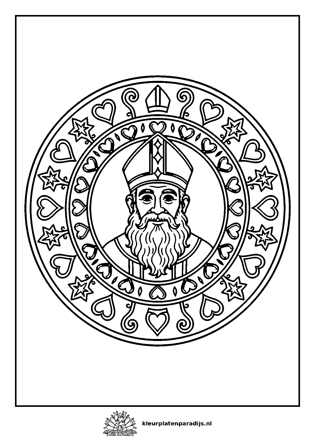Kleurplaat van een Sinterklaasmandala met Sint in het midden, omringd door ringen van hartjes, sterren, krullen en een mijter