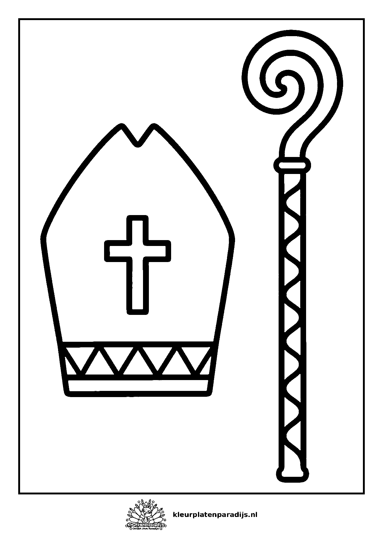 Kleurplaat van de mijter van Sinterklaas met kruis en een rand, naast zijn staf met krul