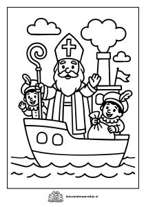 Kleurplaat van Sinterklaas die op de stoomboot staat met twee Pieten, onderweg naar Nederland.