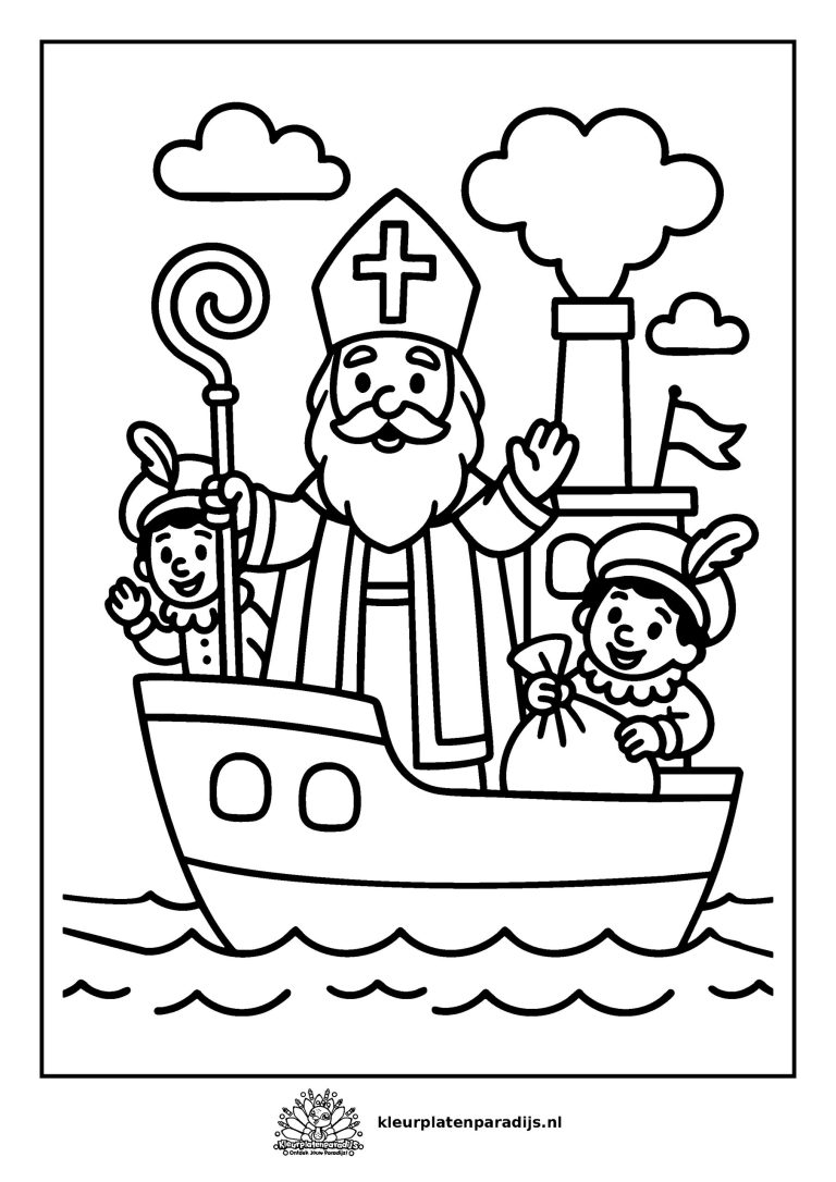 Kleurplaat van Sinterklaas die op de stoomboot staat met twee Pieten, onderweg naar Nederland.