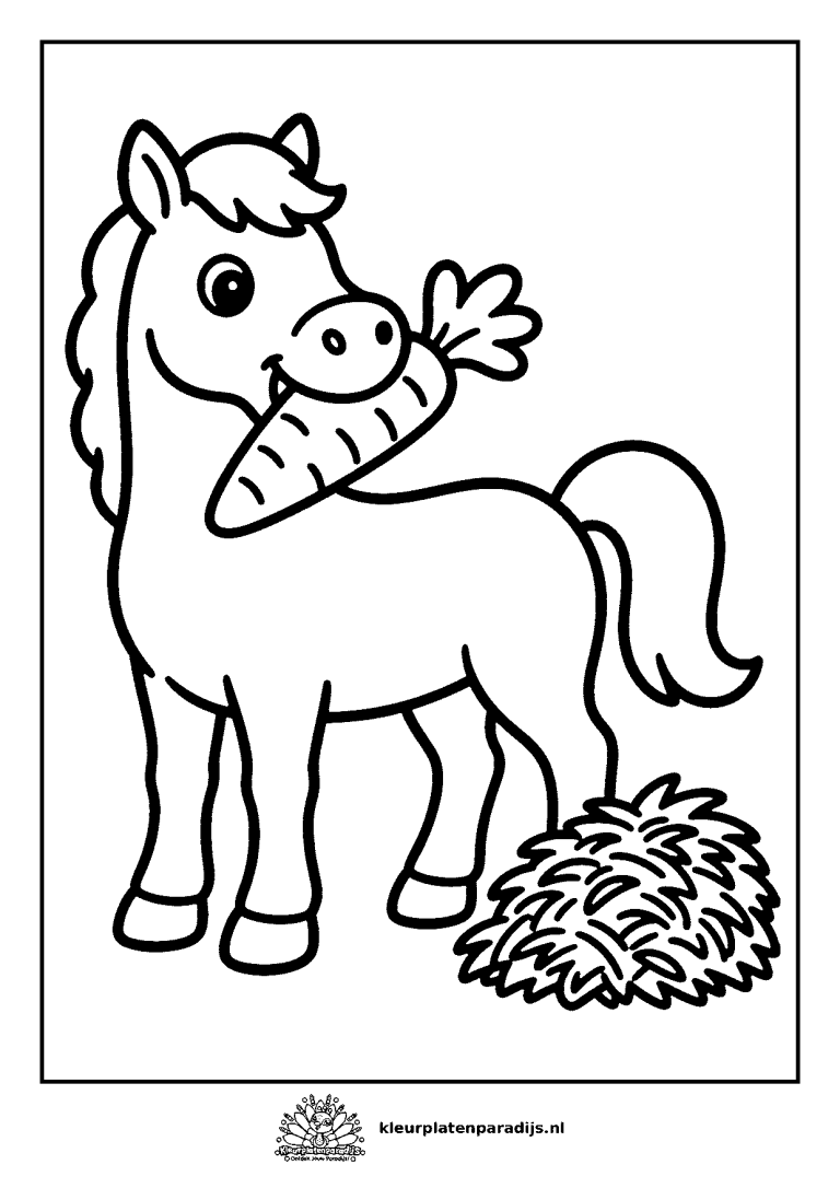 Kleurplaat van het paard van Sinterklaas dat een wortel eet naast een bergje hooi