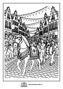 Gedetailleerde kleurplaat van het paard van Sinterklaas in de optocht met muziekkorps, kinderen en grachtenpanden