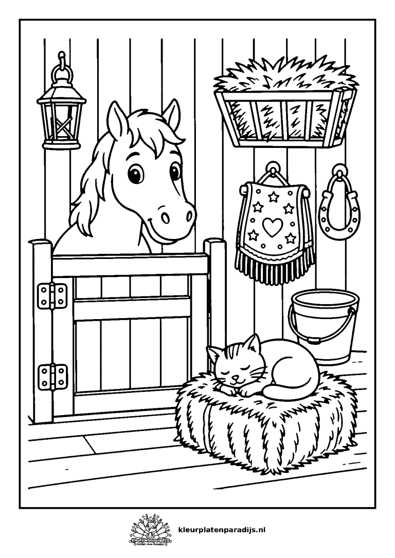 Kleurplaat van het paard van Sinterklaas in de stal met hooiruif, emmer, hoefijzer en een slapende poes