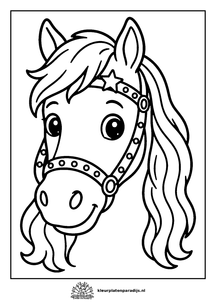 Kleurplaat van het hoofd van het paard van Sinterklaas met versierd hoofdstel en een ster