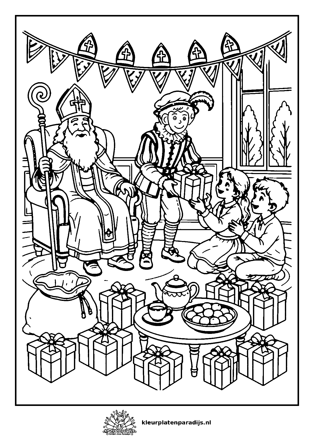 Gedetailleerde kleurplaat van pakjesavond: Sinterklaas in zijn stoel en Piet die kinderen pakjes geeft