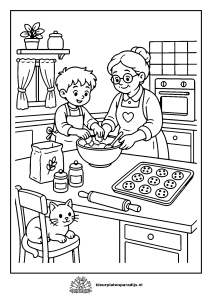 Kleurplaat van een kind en oma die samen pepernoten bakken in de keuken, met een poes op de stoel