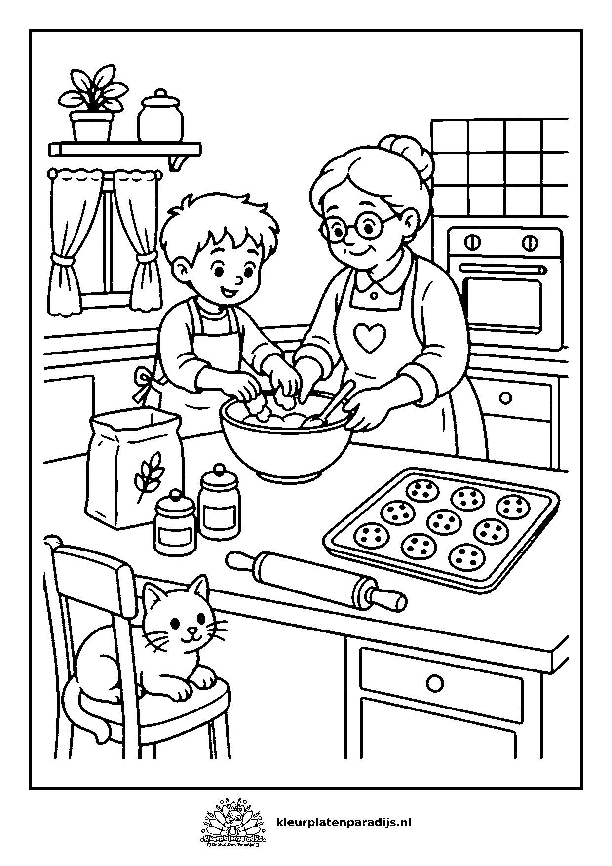 Kleurplaat van een kind en oma die samen pepernoten bakken in de keuken, met een poes op de stoel
