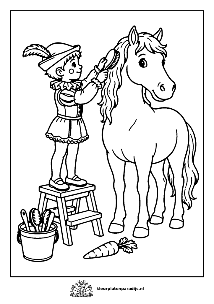 Kleurplaat van Piet op een trapje die de manen van het paard van Sinterklaas borstelt