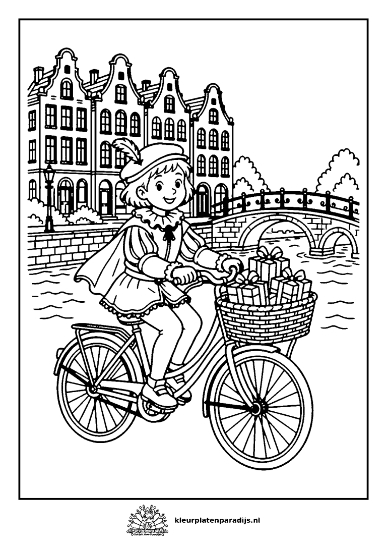 Kleurplaat van Piet op een fiets met een mand vol pakjes langs een gracht met brug