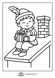 Kleurplaat van een vrolijke Piet met cadeautje die naast de schoorsteen op het dak zit
